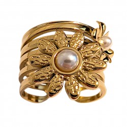 Bague ouverte Fleurs en acier doré et perles